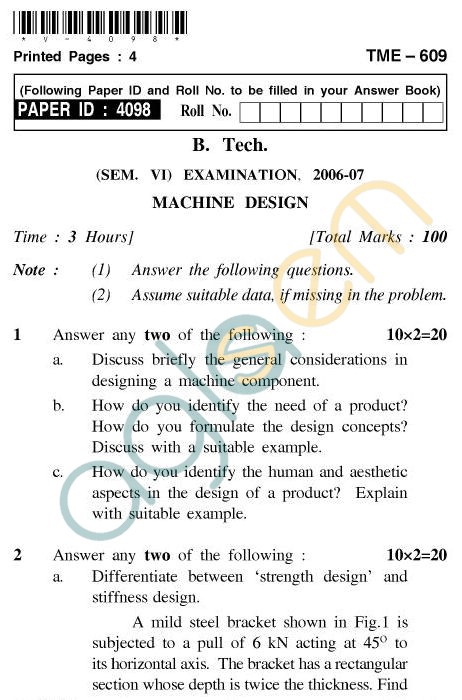 UPTU B.Tech Question Papers - TME-609 - Machine Design