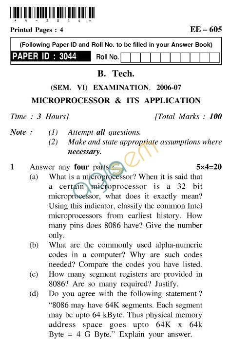 UPTU B.Tech Question Papers - EE-605-Microprocessor & ITS Application