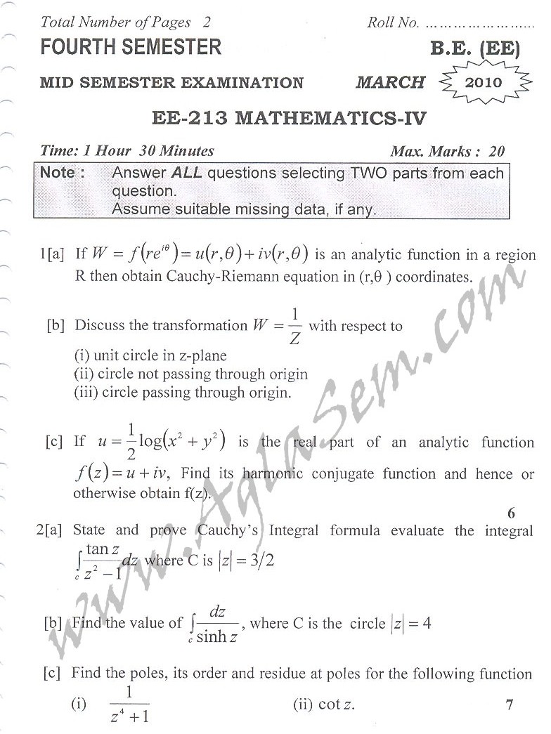 DTU Question Papers 2010  4 Semester - Mid Sem - EE-213