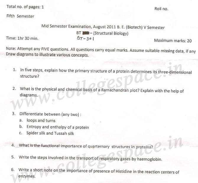 NSIT: Question Papers 2011  5 Semester - Mid Sem - BT-301