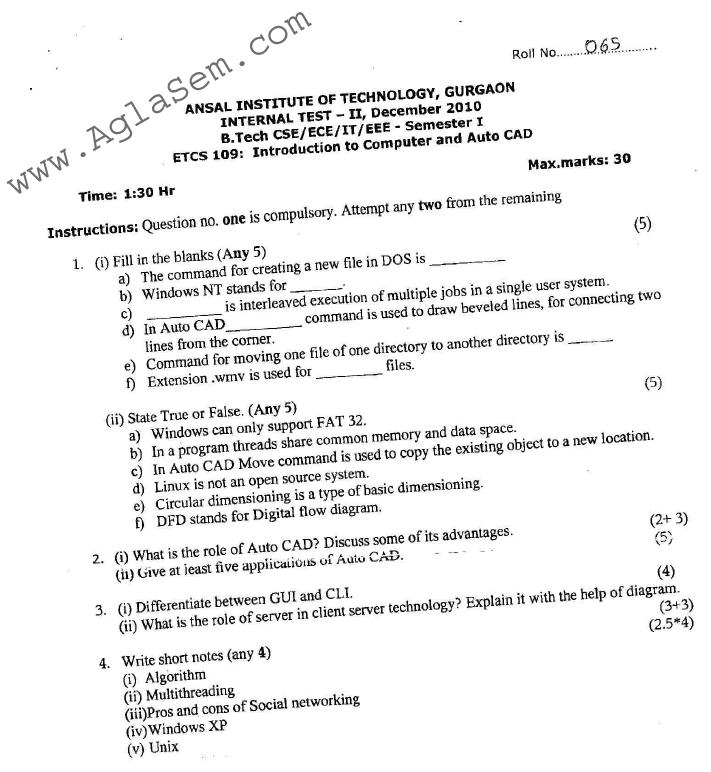 GGSIPU: Question Papers First Semester  Second Term 2010  ETCS-109
