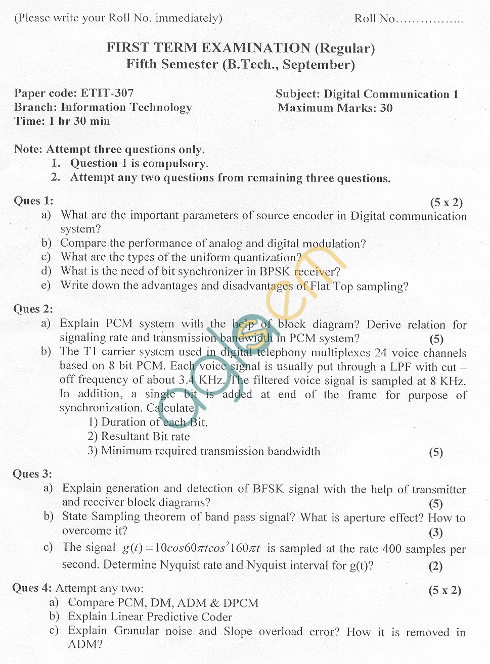 GGSIPU Question Papers Fifth Semester – First Term 2010 – ETIT-307