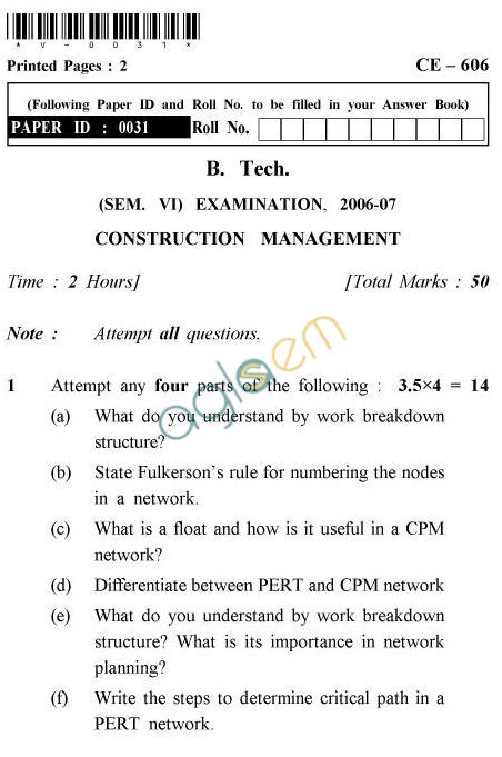 UPTU B.Tech Question Papers - CE-606-Construction Management