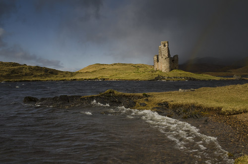 light sun castle rain clouds landscape scotland highlands rainbow ancient day ruin scenic scottish loch clan ardvreck transient assynt ardevreck