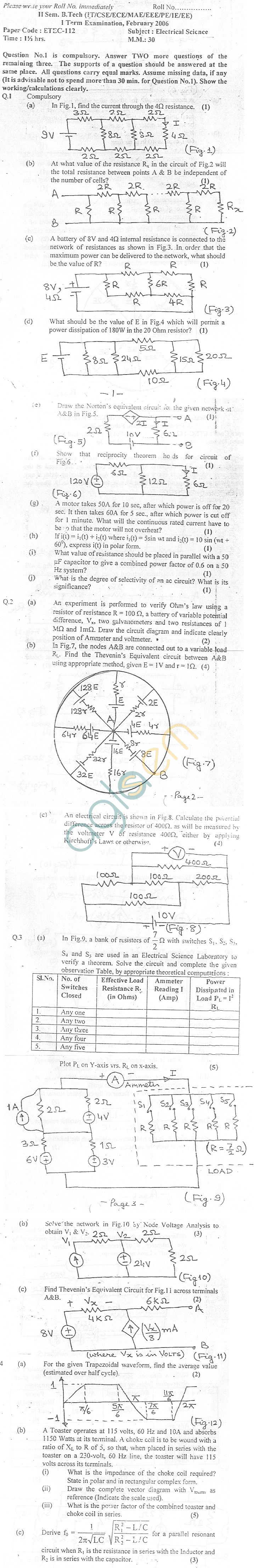GGSIPU Question Papers Second Semester – First Term 2006 – ETEC-112