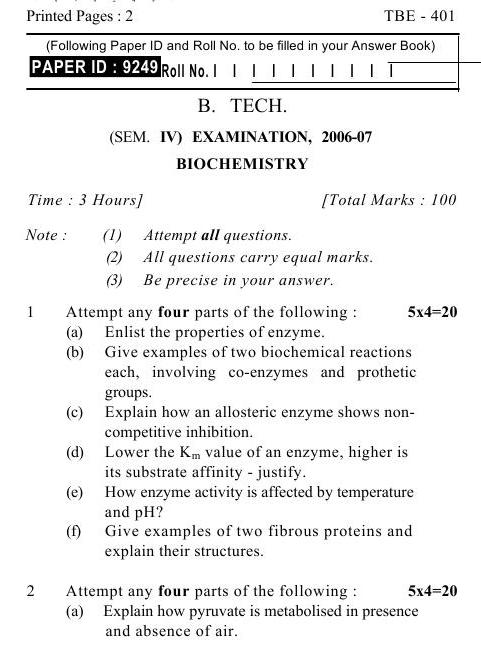 UPTU B.Tech Question Papers -TBE-401- Biochemistry