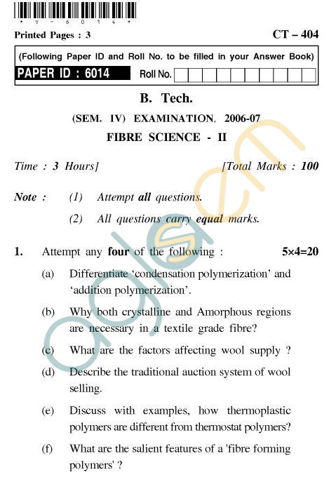 UPTU B.Tech Question Papers - CT-404 - Fibre Science-II