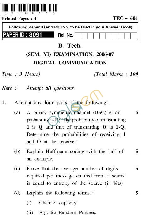 UPTU B.Tech Question Papers - TEC-601-Digital Communication