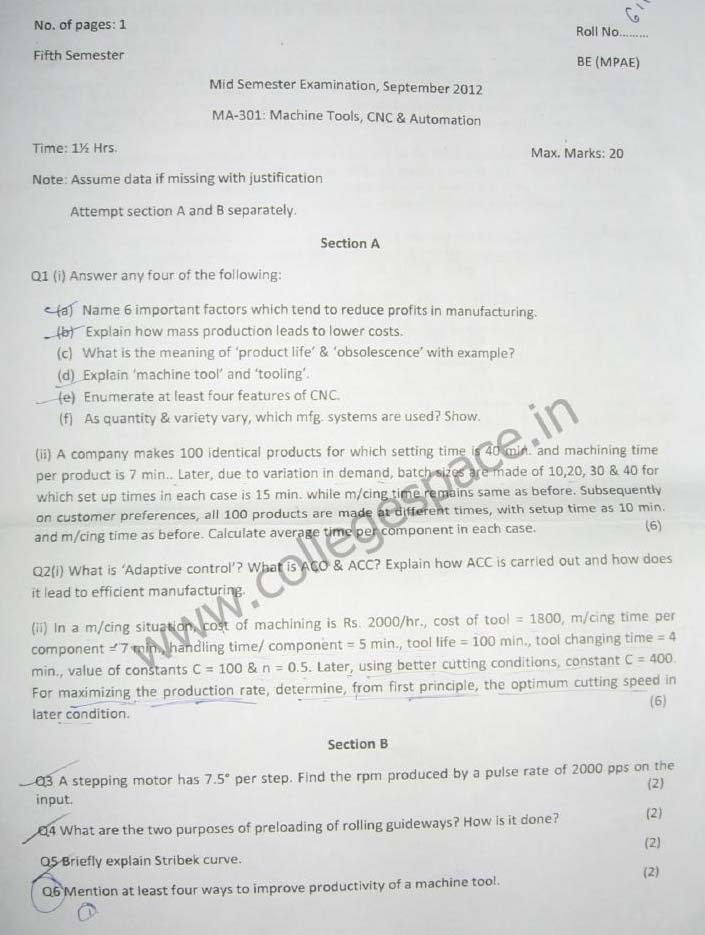 NSIT Question Papers 2012  5 Semester - Mid Sem - MA-301