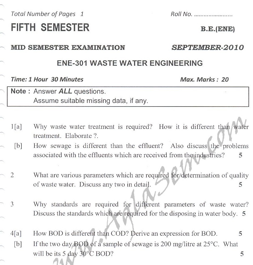 DTU Question Papers 2010  5 Semester - Mid Sem - ENE-301