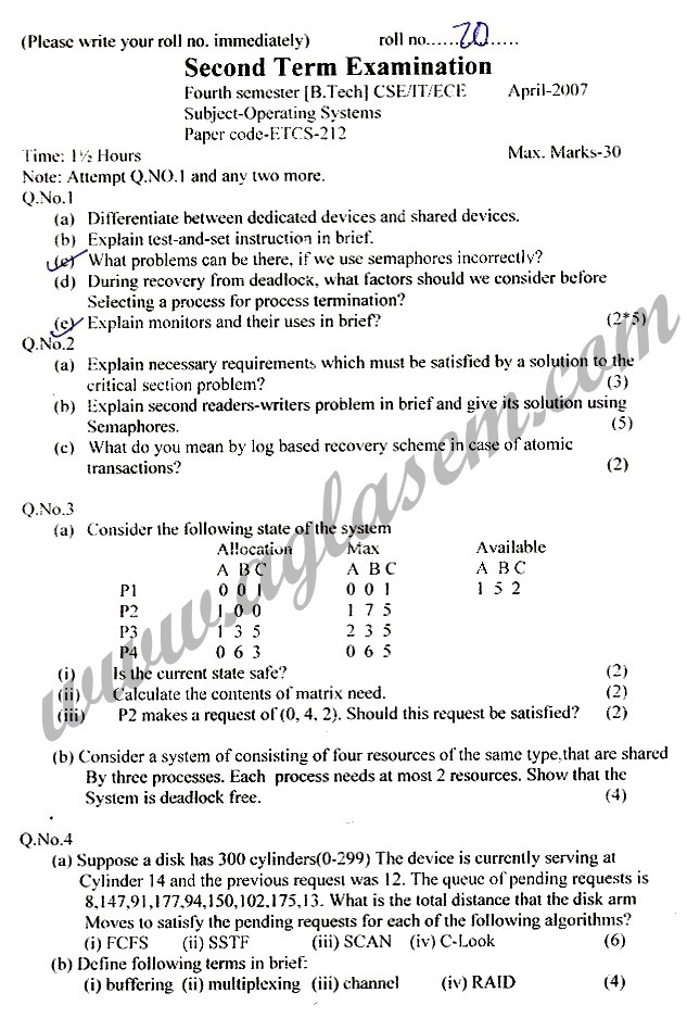GGSIPU Question Papers Fourth Semester  Second Term 2007  ETCS-212