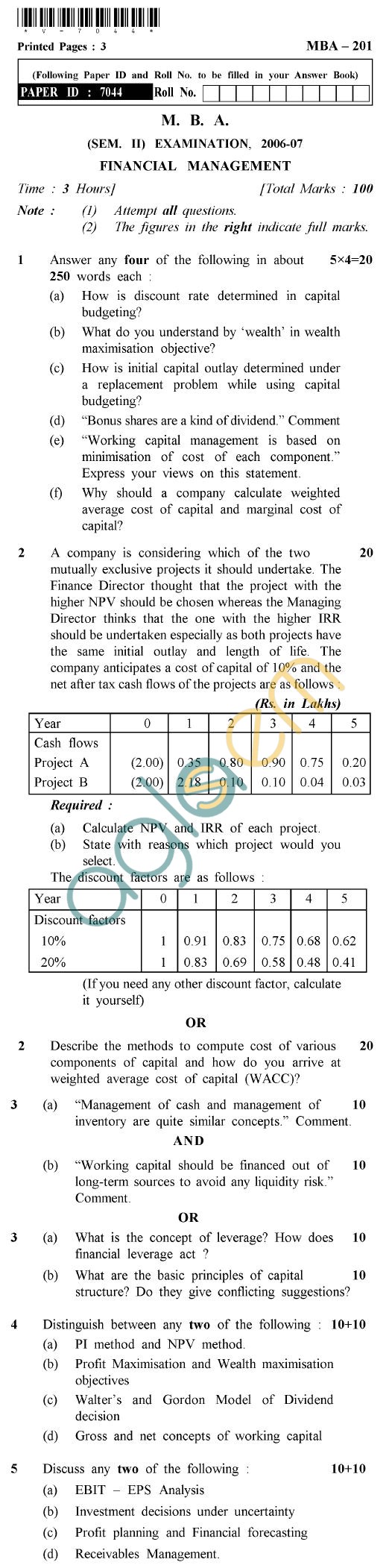 UPTU  MBA Question Papers - MBA-201-Financial Management