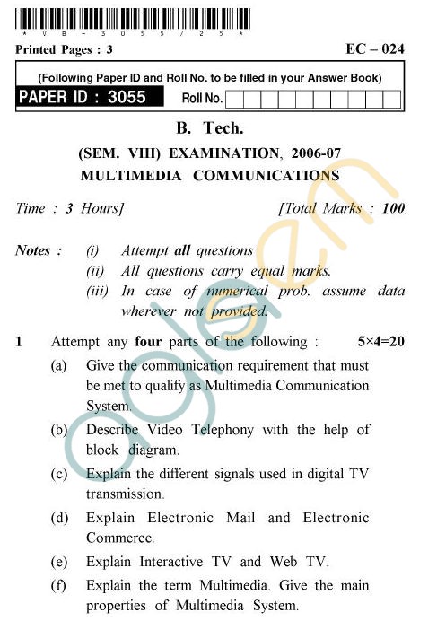 UPTU B.Tech Question Papers - EC-024 - Multimedia Communications