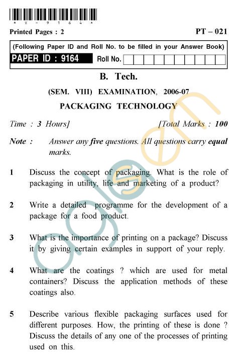 UPTU B.Tech Question Papers - PT-021 - Packaging Technology