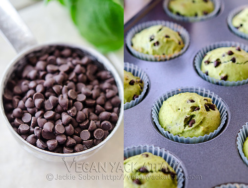 Left pic: chocolate chips in a measuring cup, right pic: baked cupcakes