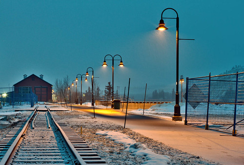 snow canada night landscape lights spring downtown north traintracks yukon snowing northern hdr whitehorse trainshed snowscape northof60 ef50mmf14usm canon7d