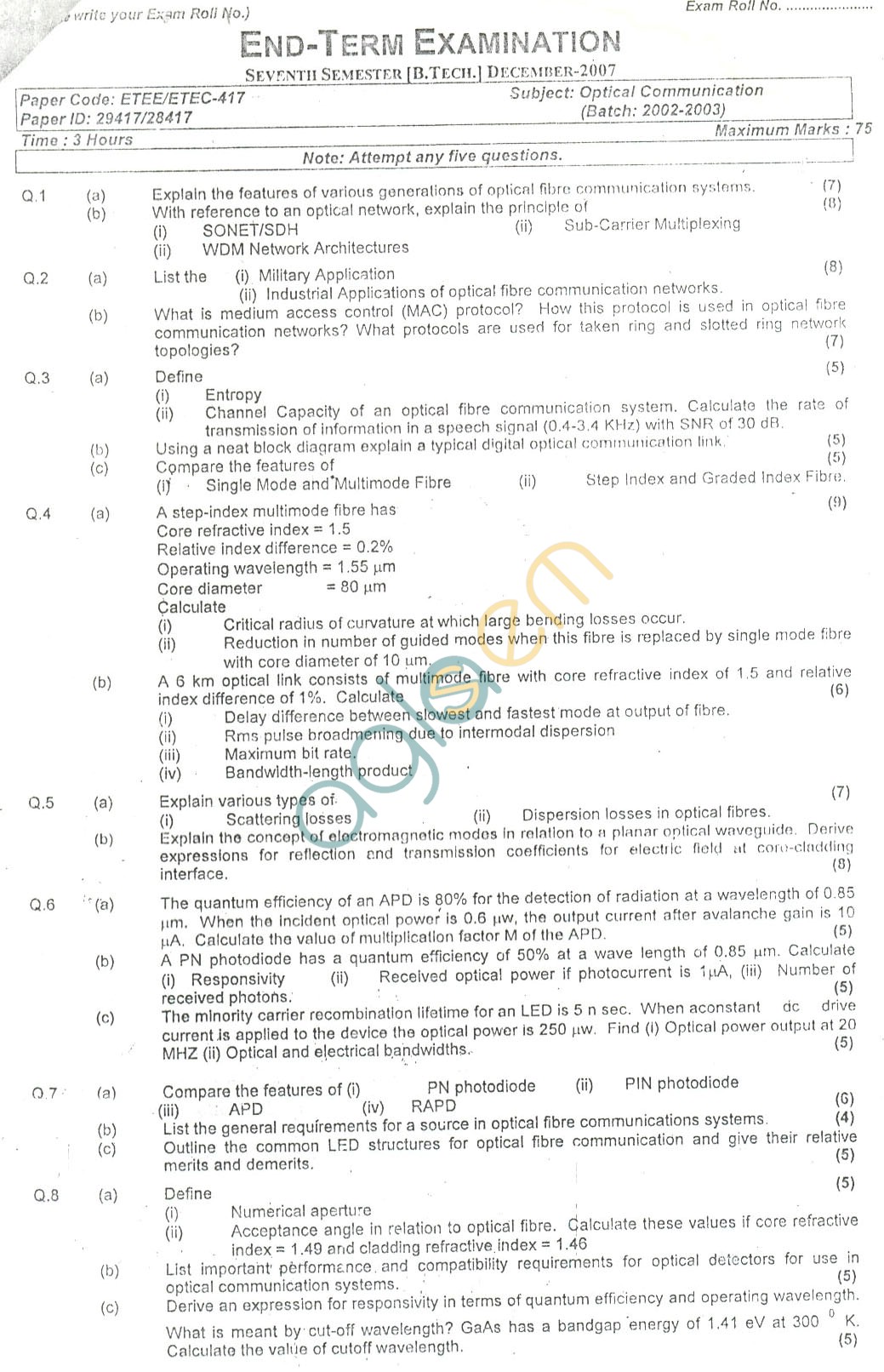 GGSIPU: Question Papers Seventh Semester – end Term 2007 – ETEC-417