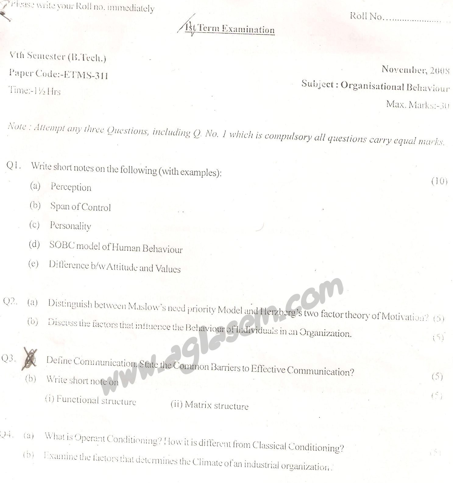 GGSIPU Question Papers Fifth Semester  Second Term 2008  ETMS-311