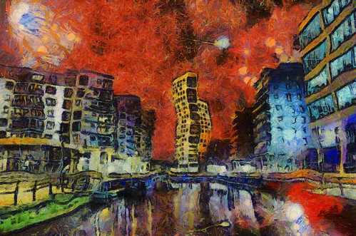 city uk england urban colour reflection digital buildings scarlet painting stars town artwork strokes vibrant yorkshire central leeds magenta style brush canvas oil impressionism environment vangogh waterway generated bold algorithm starrynight vincentvangogh clarencedock