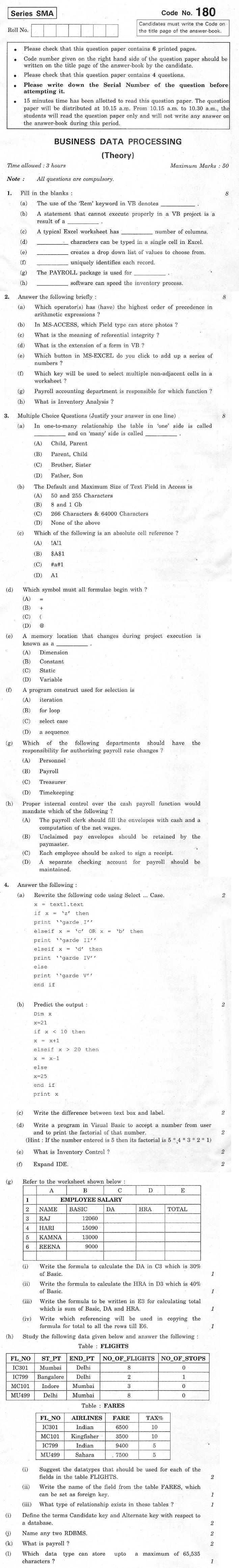 CBSE Class XII Previous Year Question Paper 2012 Business Data Processing
