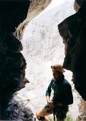 Martin in one of the caves high up on the cliff face Image