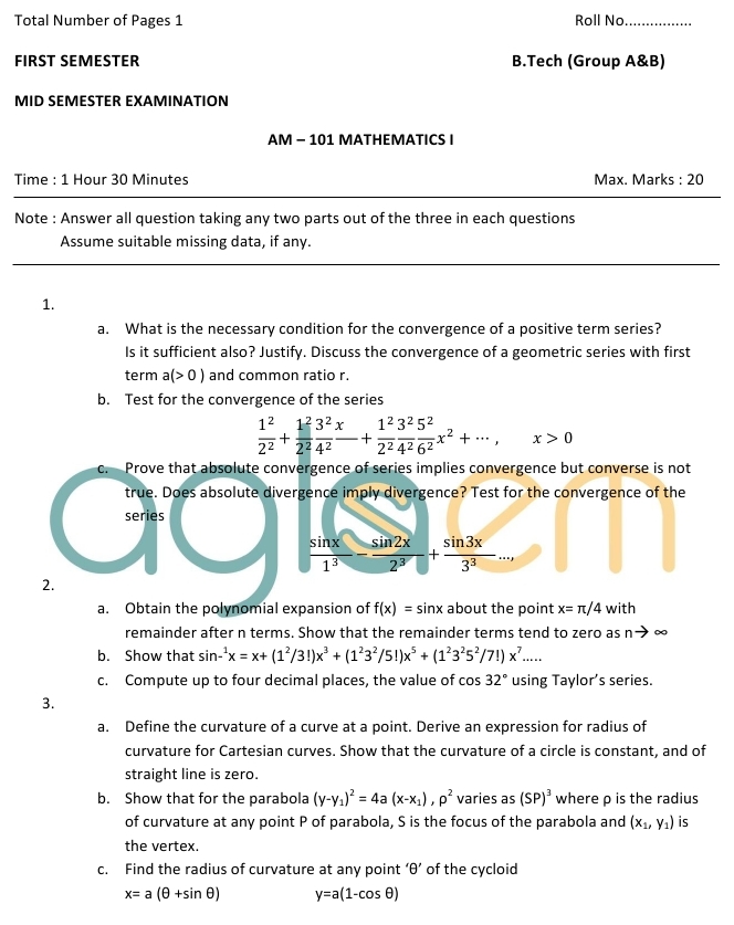 DTU Question Papers 2010 – 1 Semester - Mid Sem - AM–101