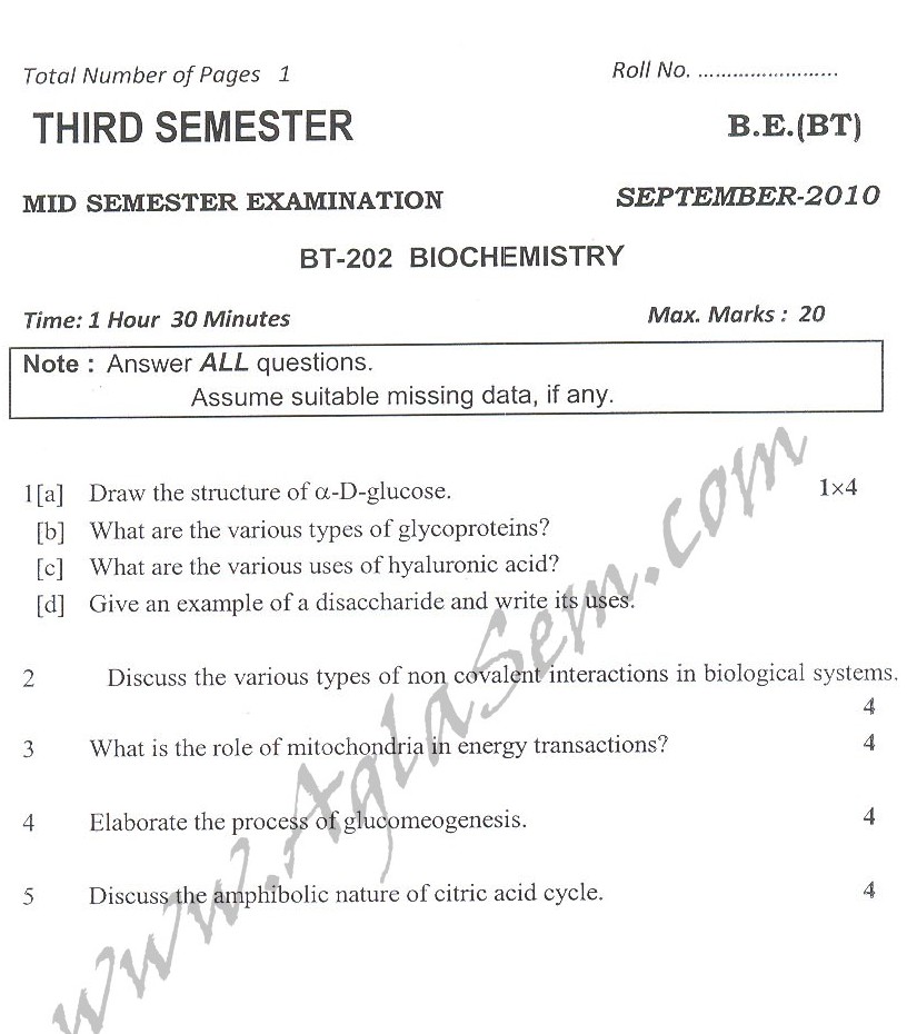 DTU Question Papers 2010 – 3 Semester - Mid Sem - BT-202