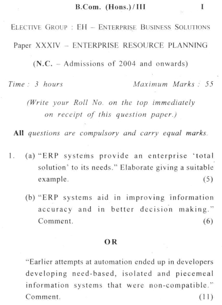 DU SOL: B.Com. (Hons.) Programme Question Paper - Enterprise Resource Planning - Paper XXXIV