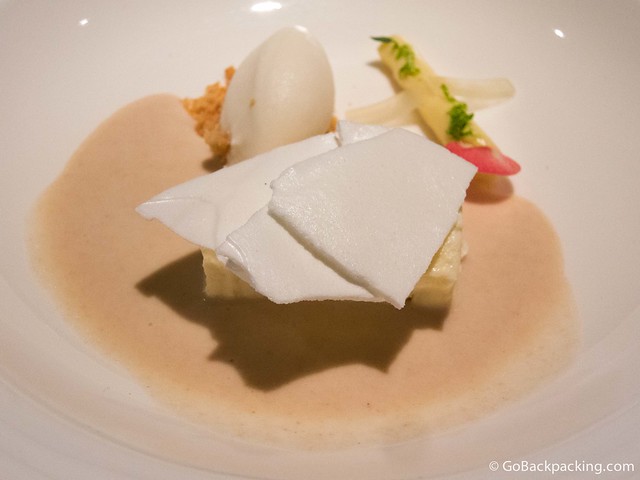 Course #10: Thyme glazed biscuit, lemon gelatin, ice cream, cookie soup, and white chocolate