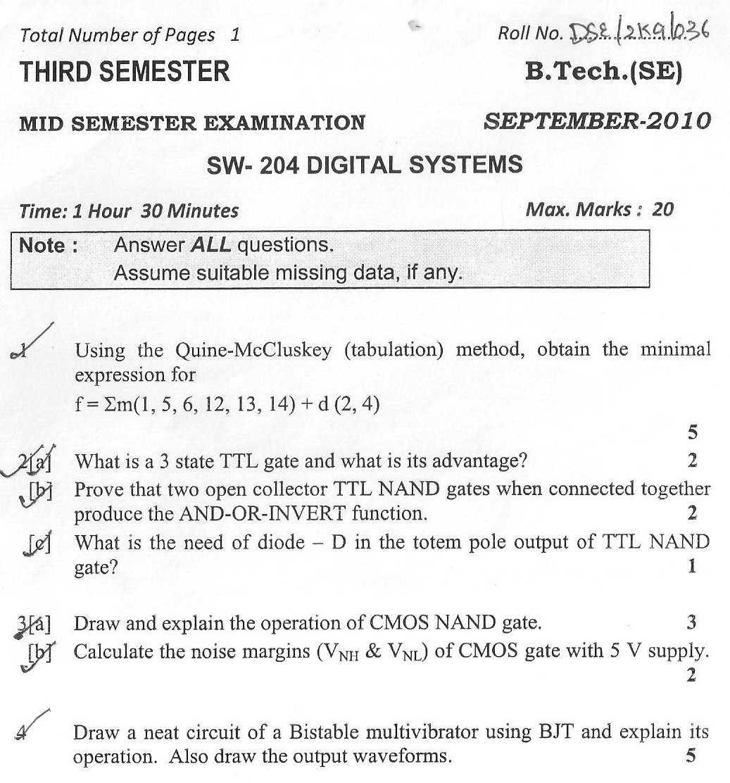 DTU Question Papers 2010 – 3 Semester - Mid Sem - SW-204