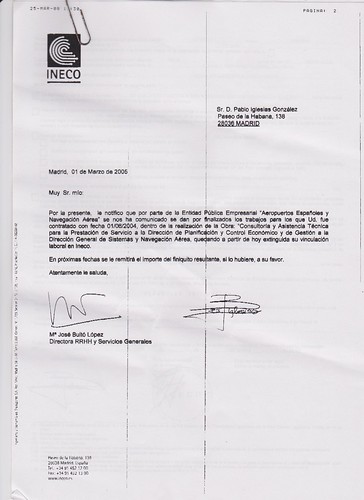Carta de despido a Pablo Iglesias