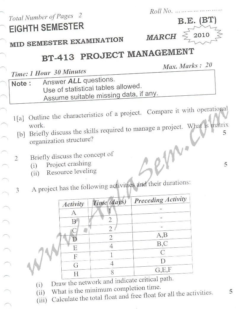 DTU Question Papers 2010 – 8 Semester - Mid Sem - BT-413