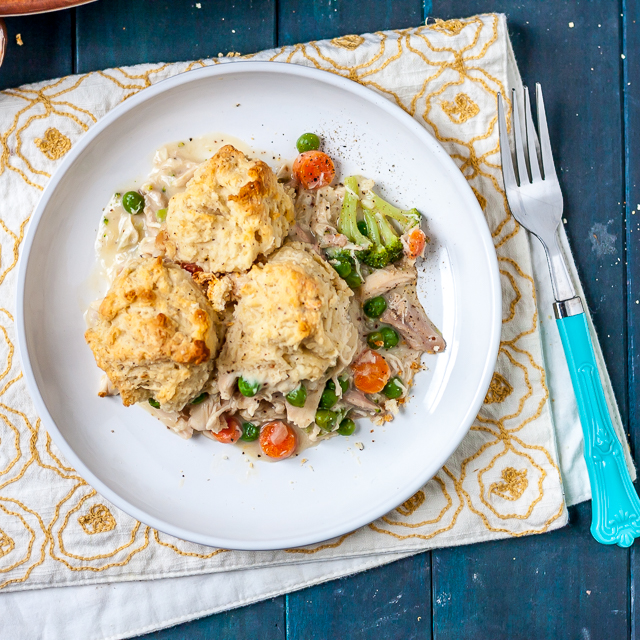 Chicken Pot Pie with Goat Cheese Drop Biscuits