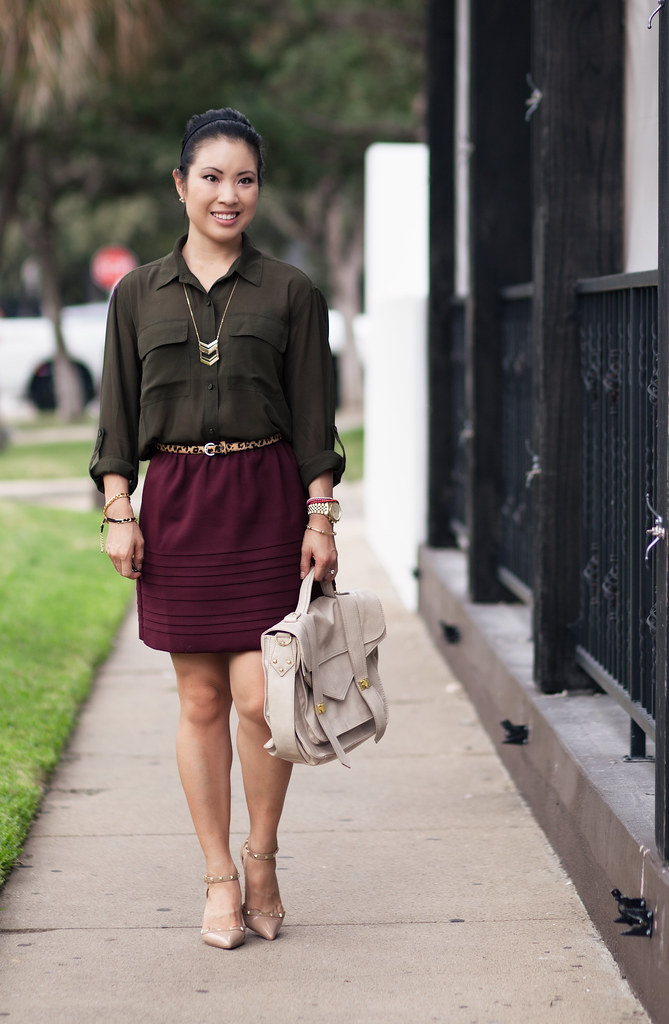 cute & little blog | olive army shirt, chevron necklace, burgundy full skirt, studded nude pumps outfit #ootd