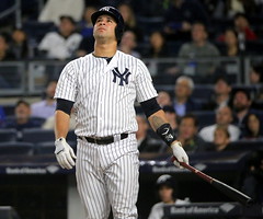 Yankees catcher Gary Sanchez fouls off a pitch in the fourth inning.