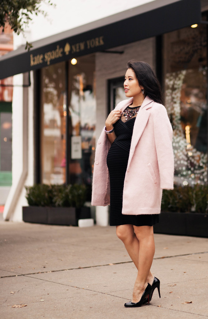 cute & little blog | petite fashion | maternity bumpstyle third trimester 33 weeks | dressbarn embellished pintucked sheer mesh little black dress lbd, pink wool coat | winter holiday outfit