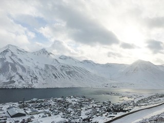 The view above Siglufjörður during a snowy hike on the Tröllaskagi Peninsula