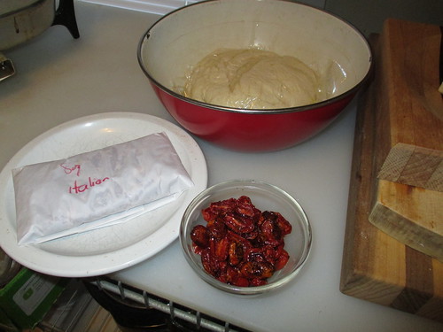 Dough, sausage, dried tomatoes