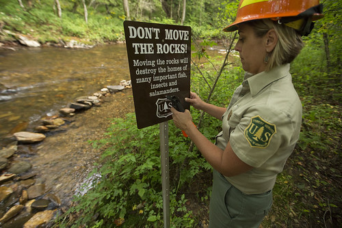 Lorie Stroup, Forest Service biologist on the Pisgah National Forest, installs a sign to remind forest users about the sensitivity of streambed habitats. (Copyright photo courtesy Freshwaters Illustrated/Dave Herasimtschuk)
