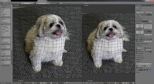 blender nonn-2 3DCG ソフトウェアの "Blender" のスクリーンショット画像。シーズーの女の子2D写真をポリゴン化して押し出して3Dにしているところ。