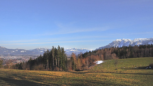 sun snow mountains forest landscape bavaria austria shadows meadows latewinter badreichenhall högl