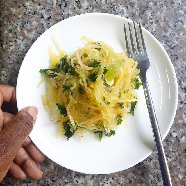 #Spiralized just ripe #pawpaw with rubbed mint, lime zest and lime juice  Very fresh, herby flavours.  It could do with some more sweet though. White sugar would be my choice of sweetner but..... I'm reluctant to.  I'm going up make up a noodle stirfry fr