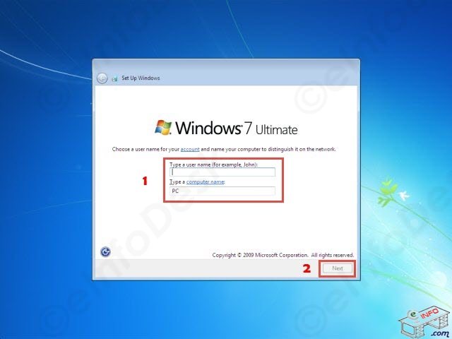 how to install windows 7 - username & password