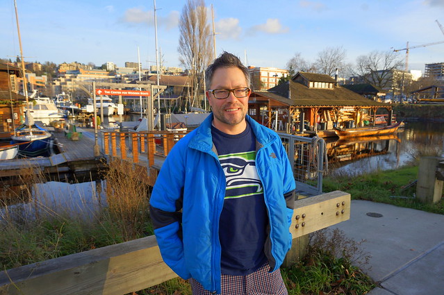 Joshy in front of the Wooden Boat Center