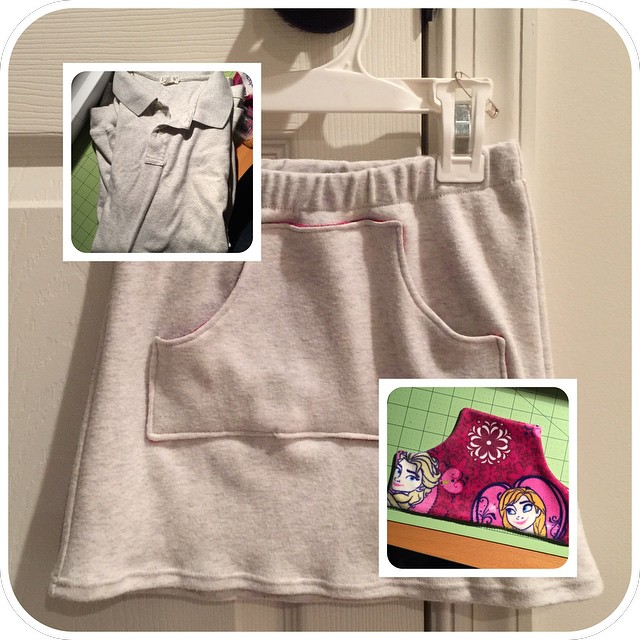 Yesterday a long sleeve knit polo. Today the sleeves are a kangaroo pocket skirt. Kangaroo pocket lined with super soft minky-like Frozen fabric. #sewingforkids #kidsclothesweek #kcw #upcycling #imadeit
