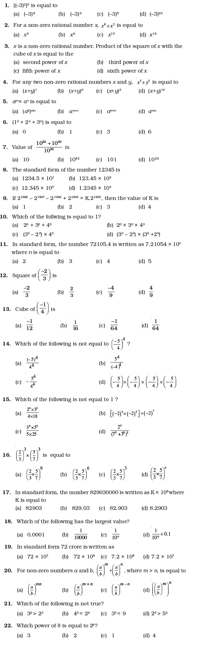 Class 7 Important Questions for Maths – Exponents and Powers