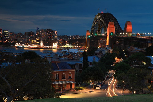 bridge lights harbour dusk sydney australia newsouthwales