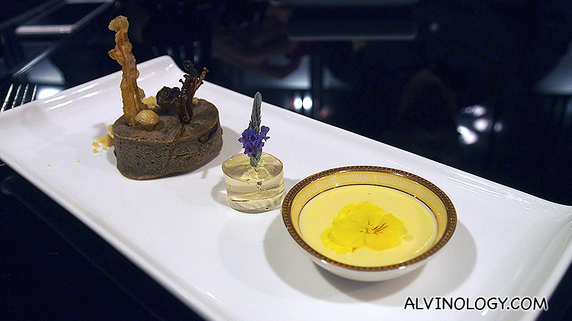 Matsutake Cake - steamed japanese mushroom cake with rosemary gelee, golden enoki and vanilla creme, pistachio crumbs 