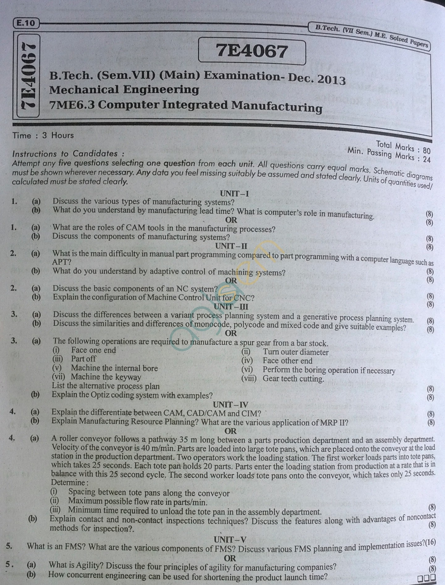 RTU: Question Papers 2013 - 7 Semester - ME - 7E4067