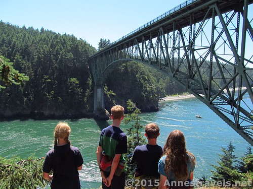 Taking pictures of the Deception Pass Bridge, Washington. You can't see the cameras in the photographer's hands, but they're there.